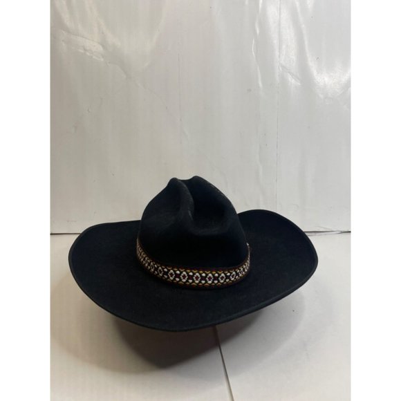 Three Points Western Store Men 7 1/8 Wool Fedora Hat Black Aztec Ribbon - Picture 2 of 8